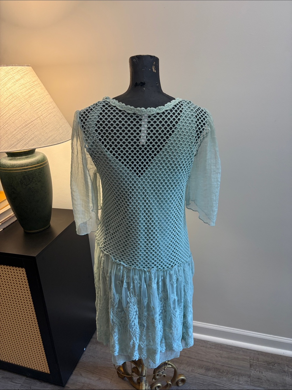 Pretty Angel 53% Silk Forest Fairycore Ethereal Mint Lace & Mesh Mini Dress SM - Picture 5 of 13